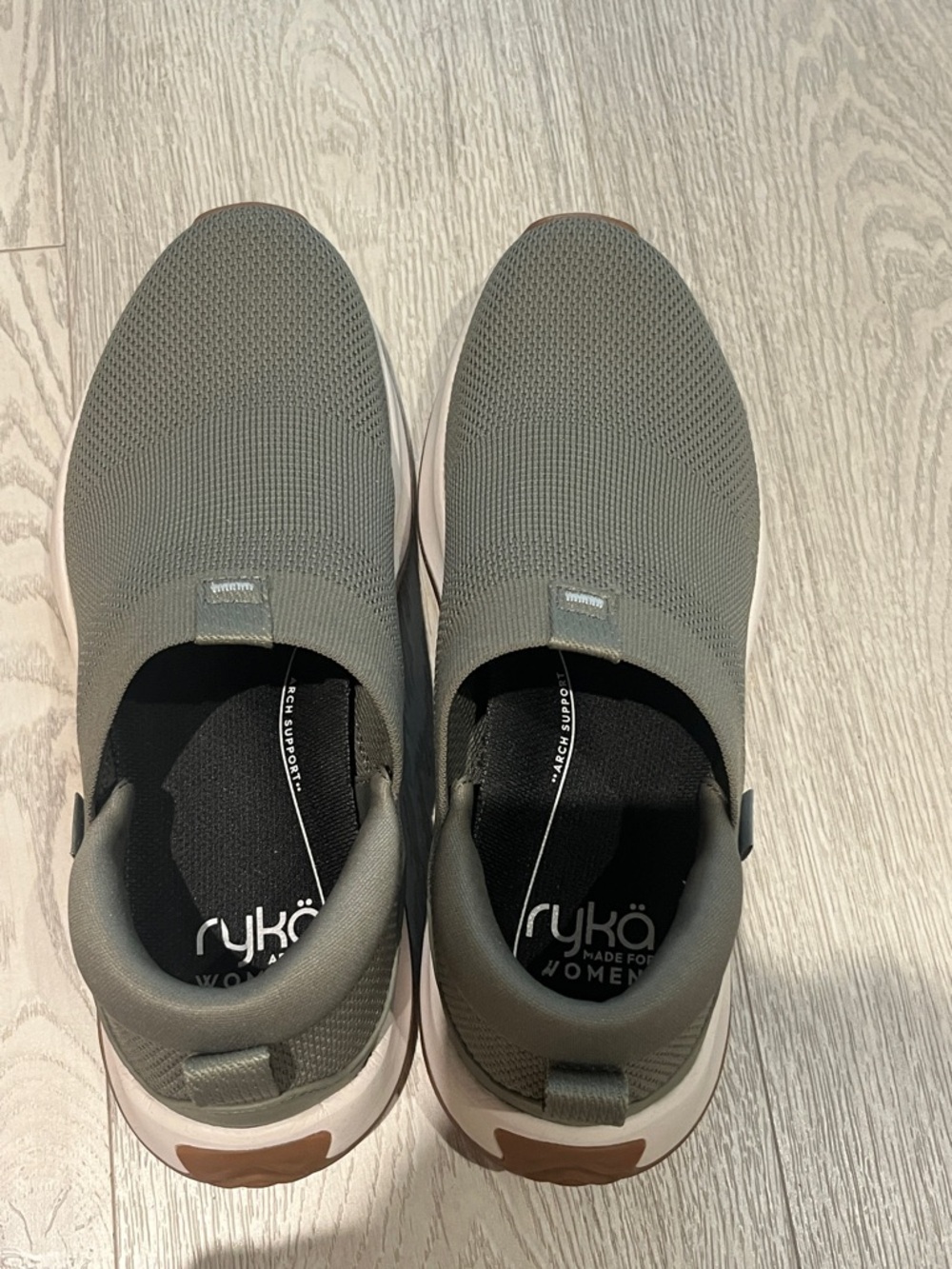 Ryka Olive-Green Knit Slip-On Sneakers with White Midsole and Brown Accents